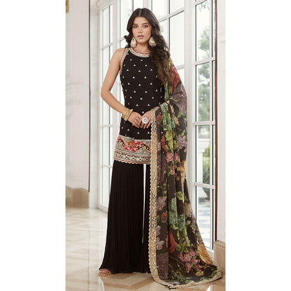 Basanti Kapde aur Koffee Black Georgette Kurta With Sharara And Dupatta