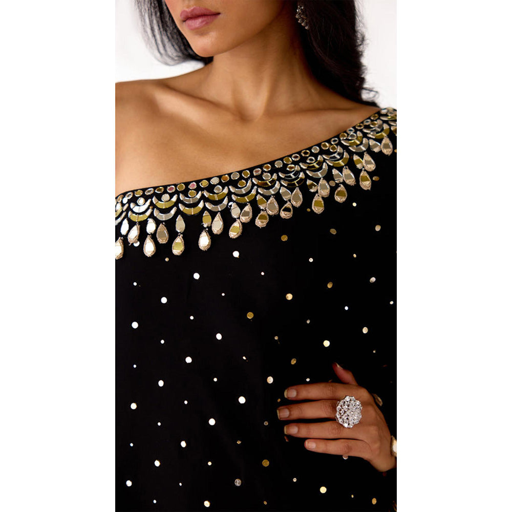 Basanti Kapde aur Koffee Black Mukaish Georgette Embroidered Sharara With Bustier And Cape