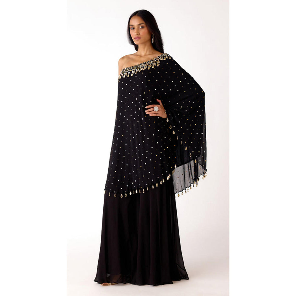 Basanti Kapde aur Koffee Black Mukaish Georgette Embroidered Sharara With Bustier And Cape