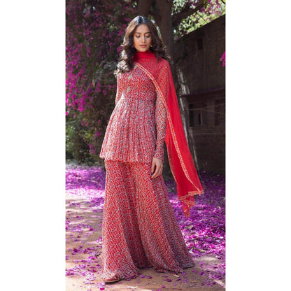 Basanti Kapde aur Koffee Blush Dynasty Peplum Sharara With Kurta And Dupatta