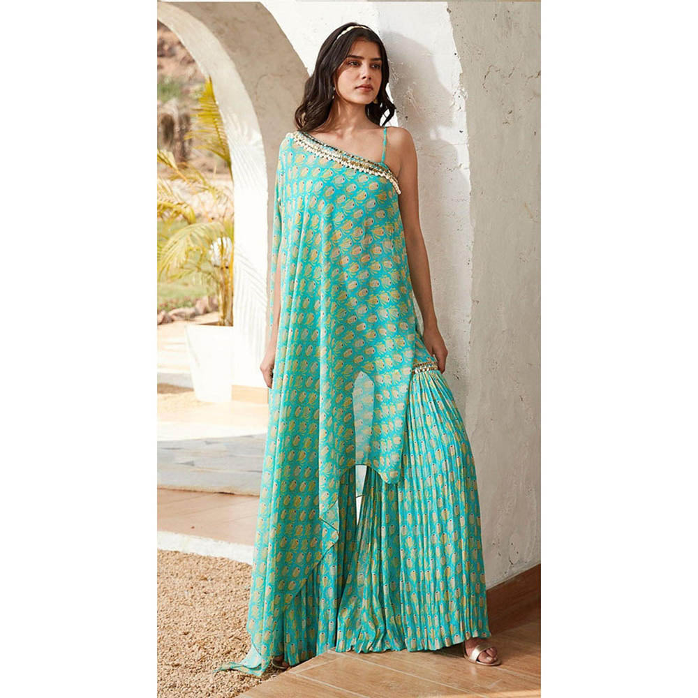 Basanti Kapde aur Koffee Firozi Sharara With Kaftan And Bustier