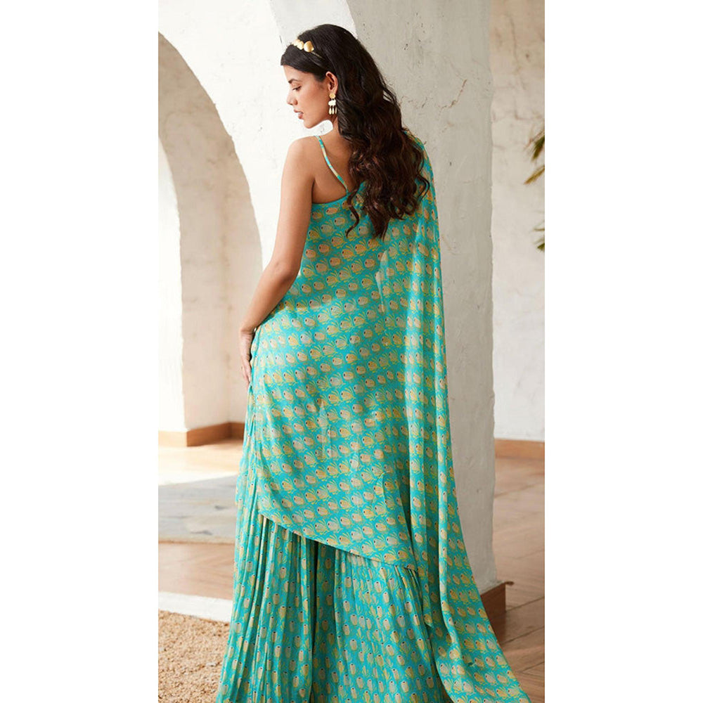 Basanti Kapde aur Koffee Firozi Sharara With Kaftan And Bustier