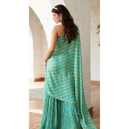 Basanti Kapde aur Koffee Firozi Sharara With Kaftan And Bustier