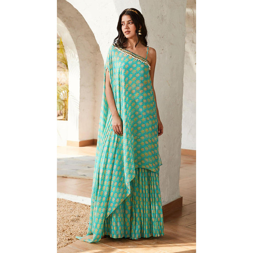 Basanti Kapde aur Koffee Firozi Sharara With Kaftan And Bustier