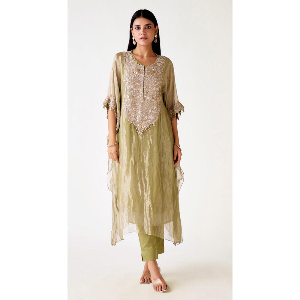 Basanti Kapde aur Koffee Green Tissue Embroidered Kaftan With Pant