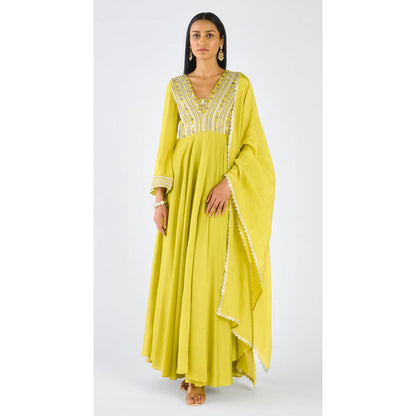 Basanti Kapde aur Koffee Lime Chanderi Embroidered Anarkali Kurta With Pant And Dupatta