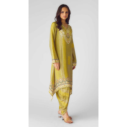 Basanti Kapde aur Koffee Lime Muslin Embroidered Kurta With Dhoti Pant