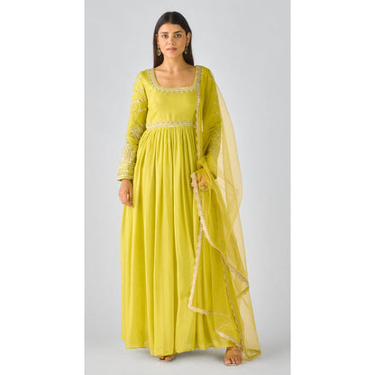 Basanti Kapde aur Koffee Lime Raw Silk Embroidered Anarkali Kurta With Pant And Dupatta