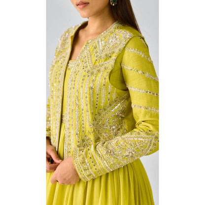 Basanti Kapde aur Koffee Lime Raw Silk Embroidered Anarkali Kurta With Pant And Dupatta