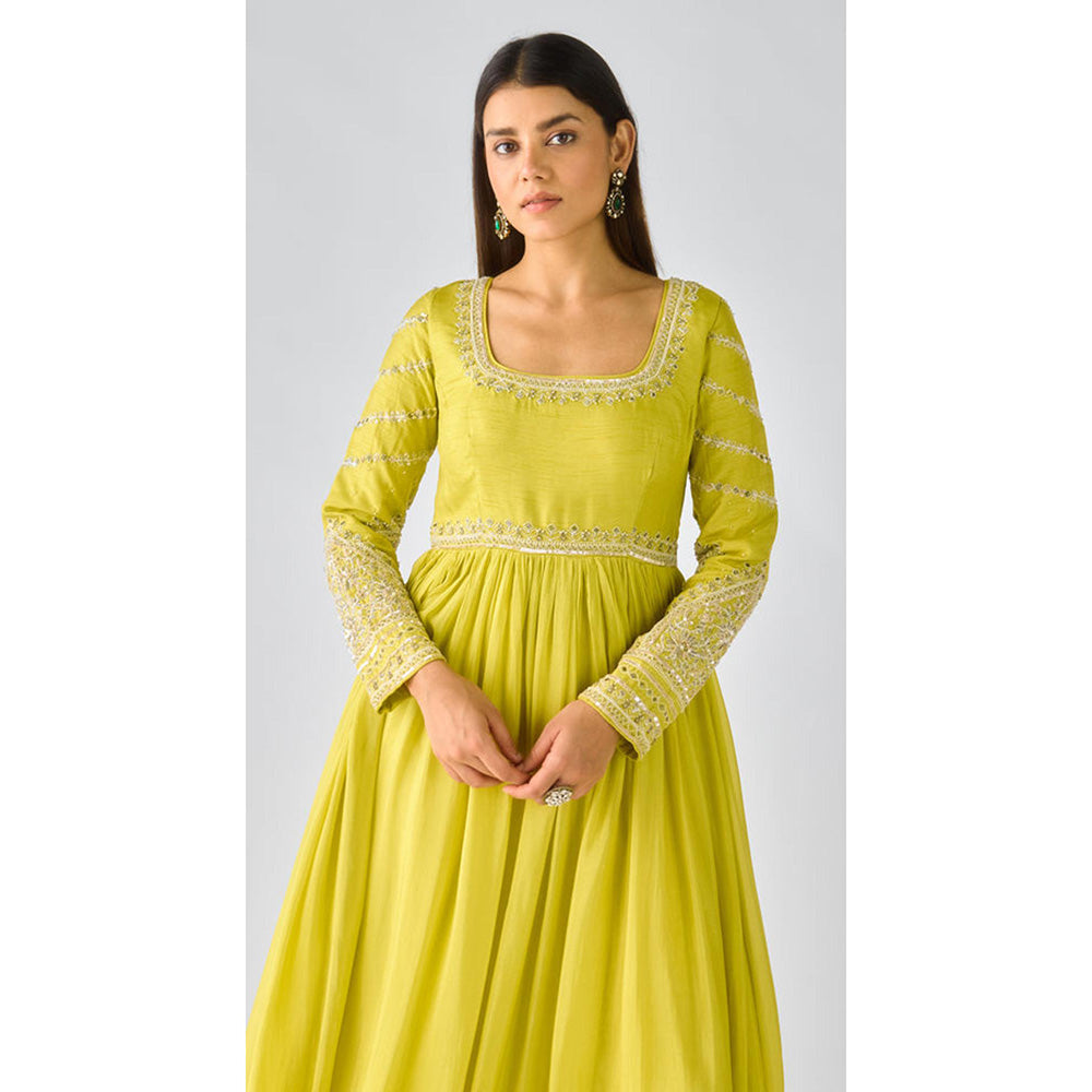 Basanti Kapde aur Koffee Lime Raw Silk Embroidered Anarkali Kurta With Pant And Dupatta