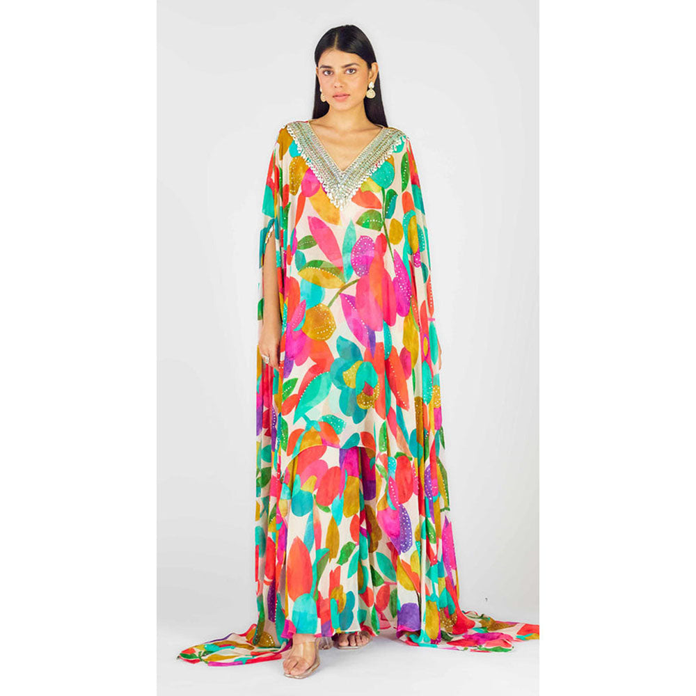 Basanti Kapde aur Koffee Multi Georgette Abstract Kaftan Sharara With Bustier