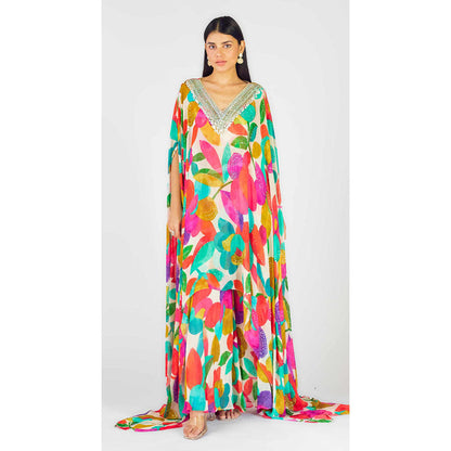 Basanti Kapde aur Koffee Multi Georgette Abstract Kaftan Sharara With Bustier
