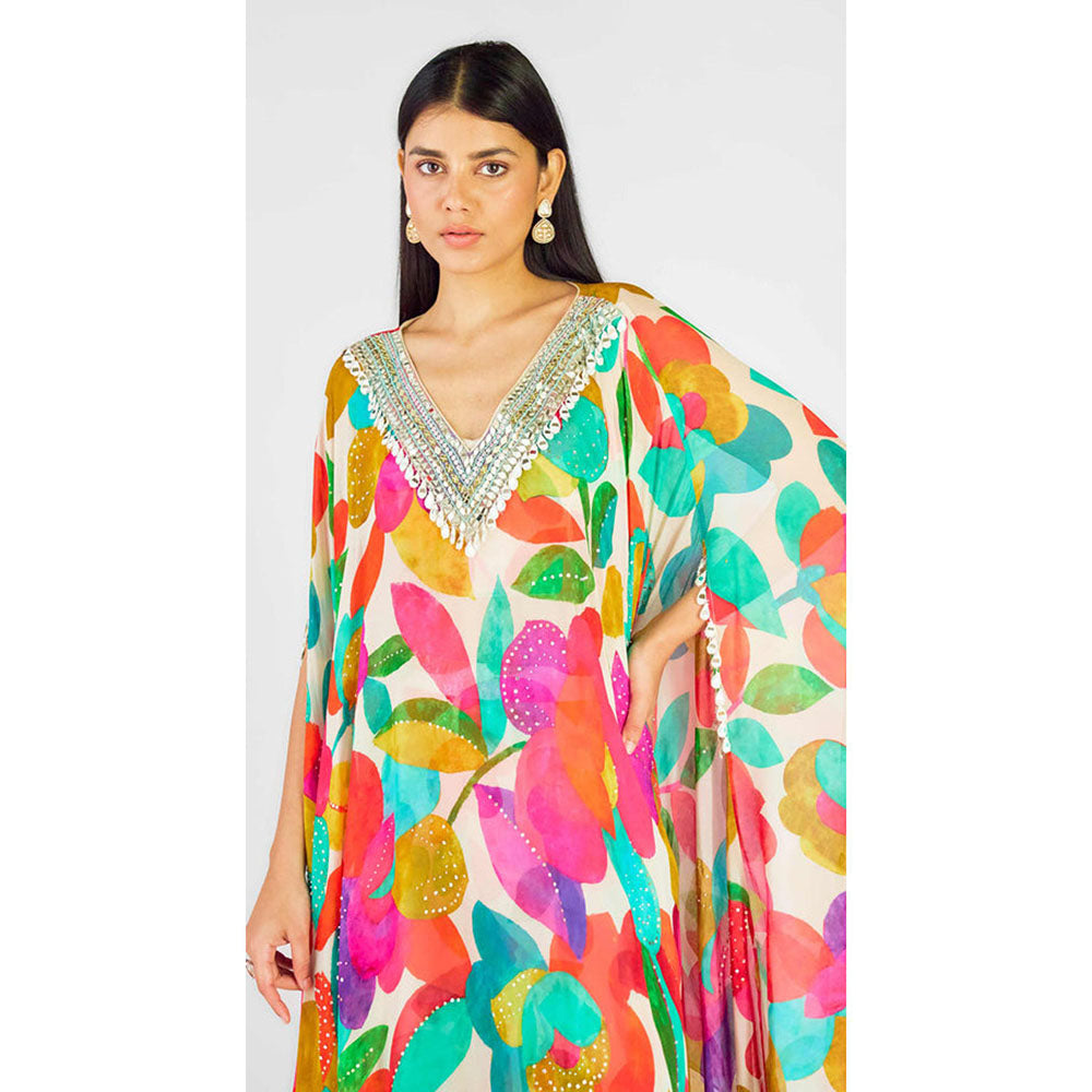 Basanti Kapde aur Koffee Multi Georgette Abstract Kaftan Sharara With Bustier