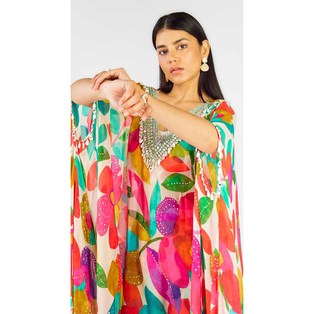 Basanti Kapde aur Koffee Multi Georgette Abstract Kaftan Sharara With Bustier