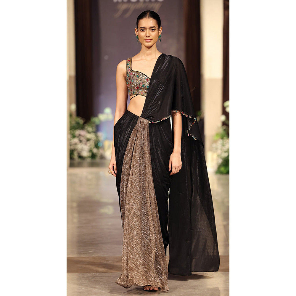 Basanti Kapde aur Koffee Black Lycra Embroidered Pre-Draped Saree with Stitched Blouse