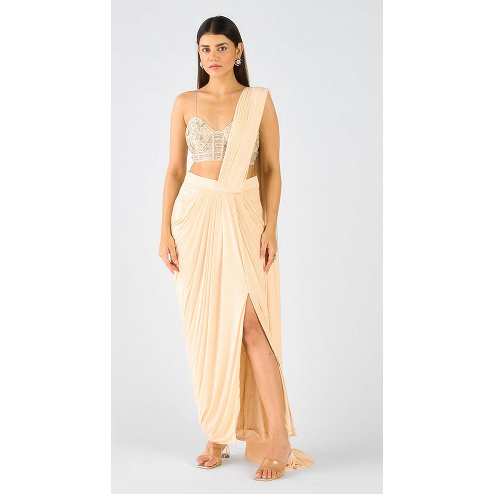 Basanti Kapde aur Koffee Ivory Organza Embroidered Pre-Drape Saree with Stitched Blouse