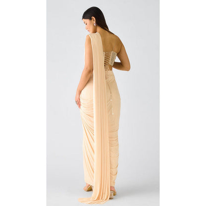 Basanti Kapde aur Koffee Ivory Organza Embroidered Pre-Drape Saree with Stitched Blouse