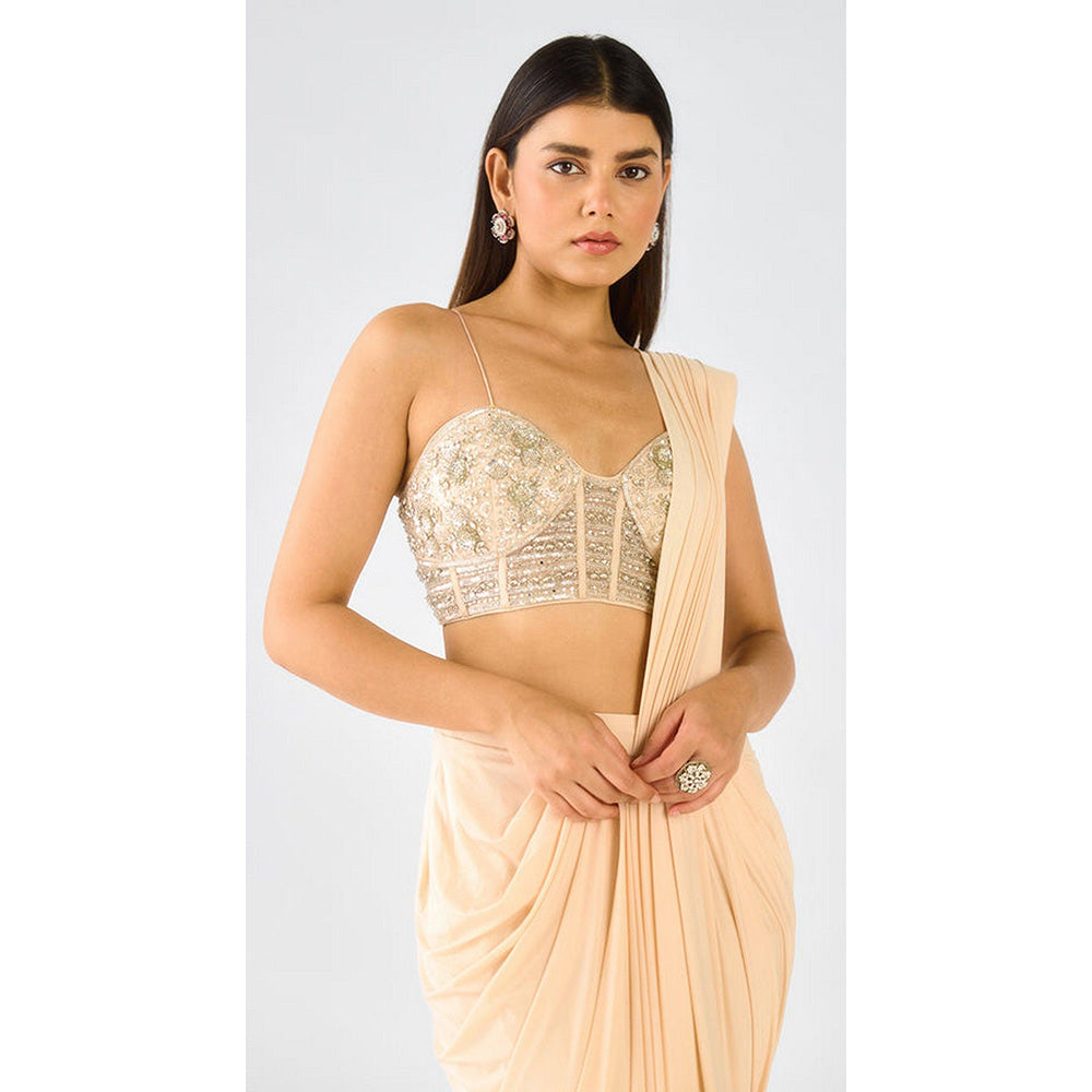 Basanti Kapde aur Koffee Ivory Organza Embroidered Pre-Drape Saree with Stitched Blouse