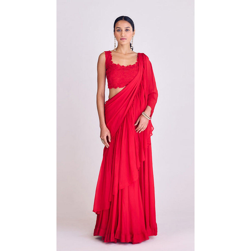 Basanti Kapde aur Koffee Red Pre-Draped Saree with Stitched Blouse