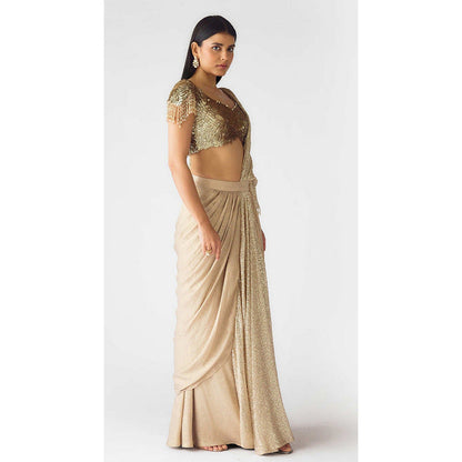 Basanti Kapde aur Koffee The Celestial Glow Pre-Draped Saree with Stitched Blouse