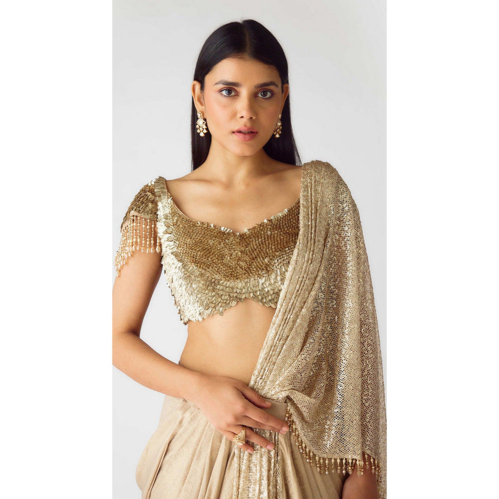 Basanti Kapde aur Koffee The Celestial Glow Pre-Draped Saree with Stitched Blouse