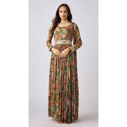 Basanti Kapde aur Koffee Peach Chinon Embroidered Gown