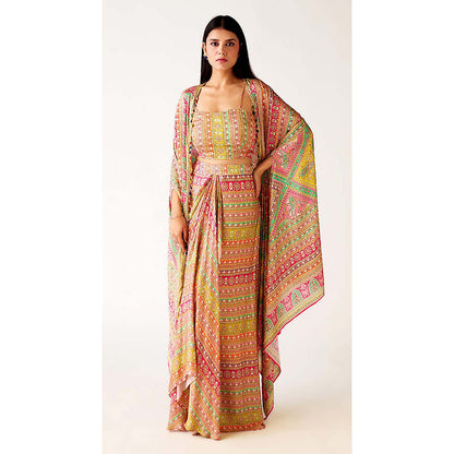 Basanti Kapde aur Koffee Multi Satin Embroidered Cape with Bustier and Skirt
