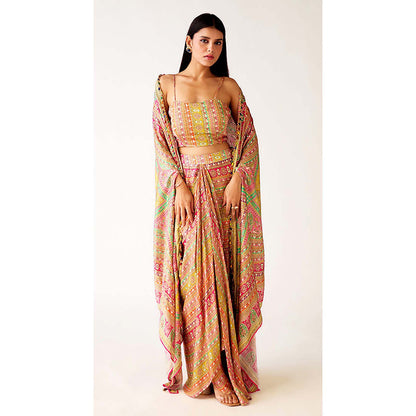 Basanti Kapde aur Koffee Multi Satin Embroidered Cape with Bustier and Skirt