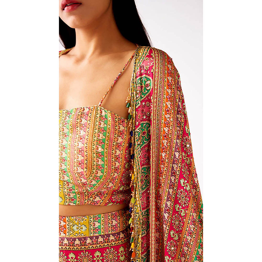 Basanti Kapde aur Koffee Multi Satin Embroidered Cape with Bustier and Skirt