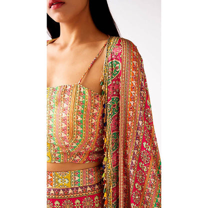 Basanti Kapde aur Koffee Multi Satin Embroidered Cape with Bustier and Skirt
