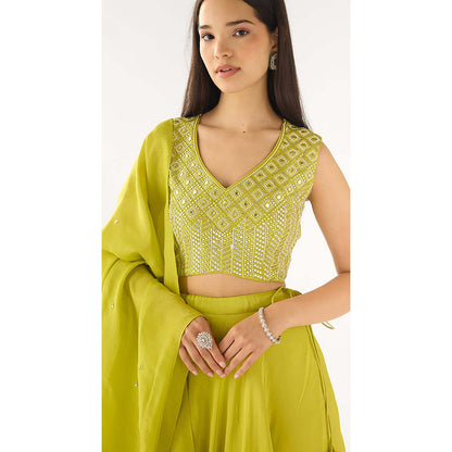 Basanti Kapde aur Koffee Lime Tissue Embroidered Lehenga with Blouse and Dupatta