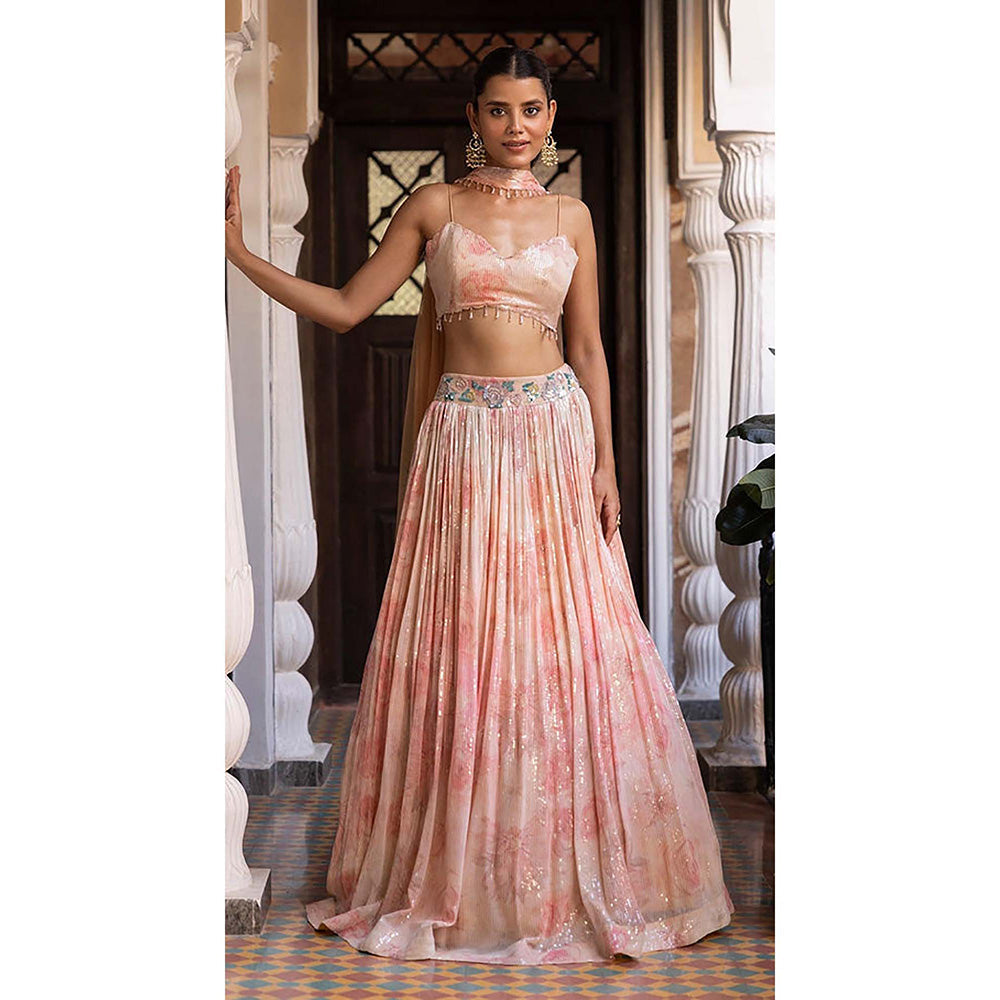 Basanti Kapde aur Koffee Pink Sequins Print and Embroidered Lehenga with Blouse and Dupatta