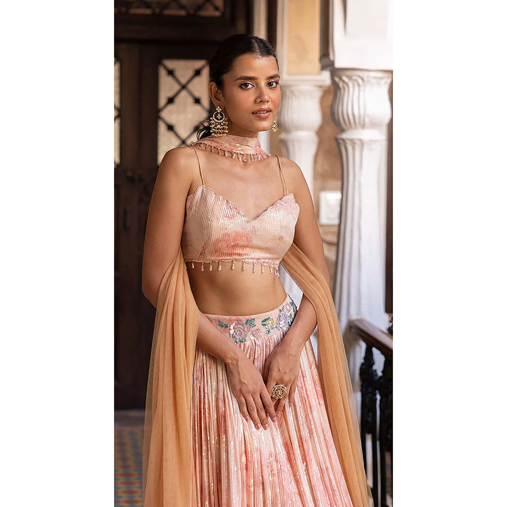 Basanti Kapde aur Koffee Pink Sequins Print and Embroidered Lehenga with Blouse and Dupatta