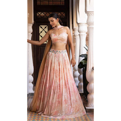 Basanti Kapde aur Koffee Pink Sequins Print and Embroidered Lehenga with Blouse and Dupatta