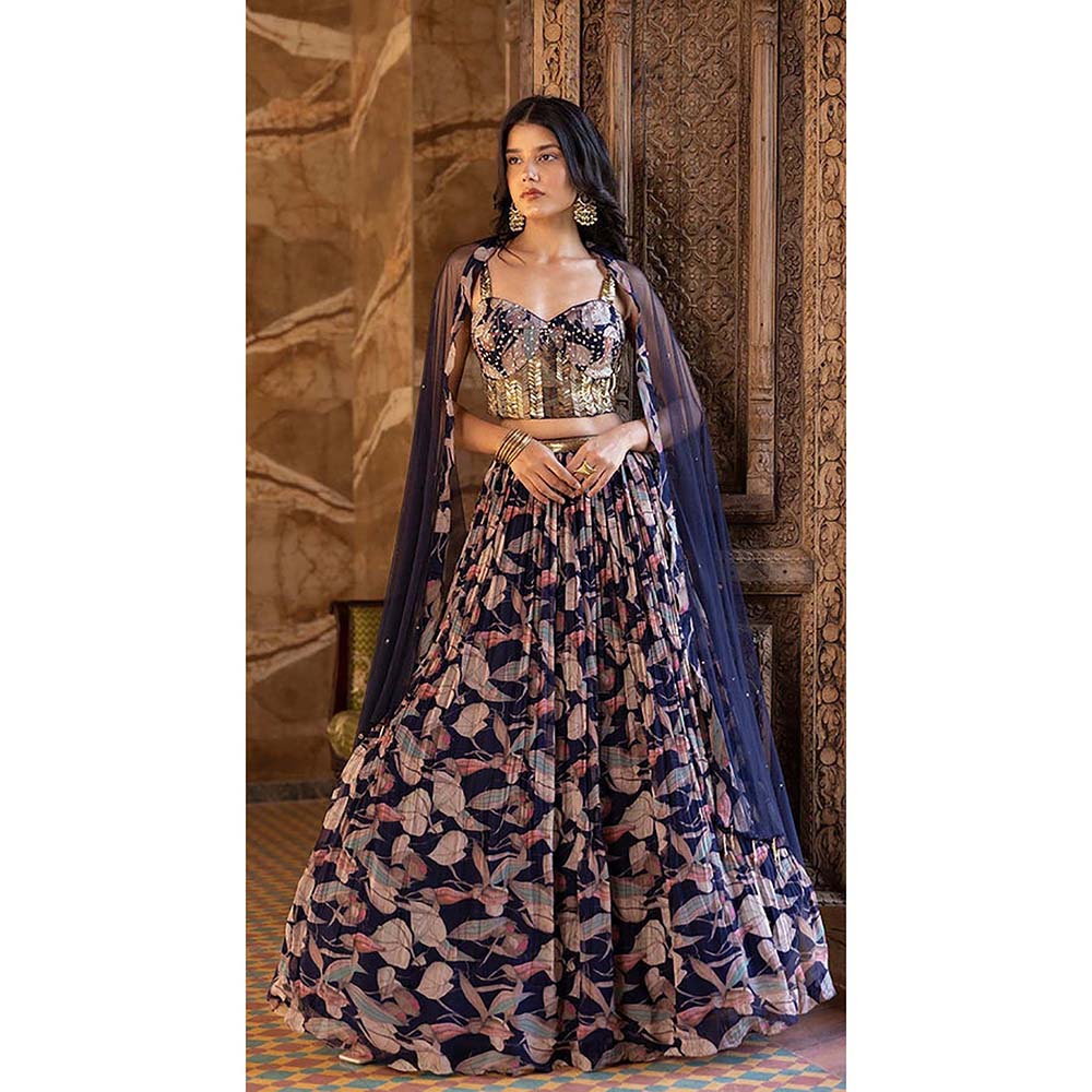 Basanti Kapde aur Koffee Blue Floral Print Lehenga with Blouse and Dupatta