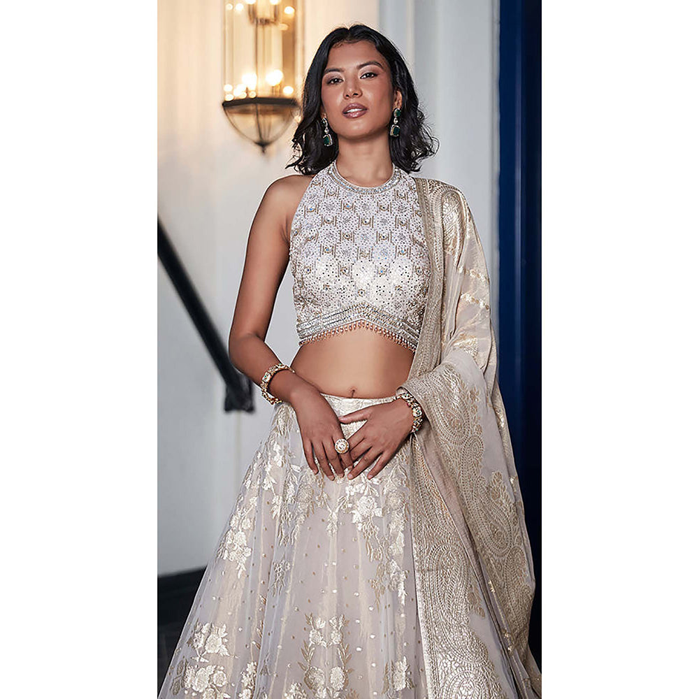 Basanti Kapde aur Koffee Ivory Gold Banarasi Lehenga with Blouse and Dupatta