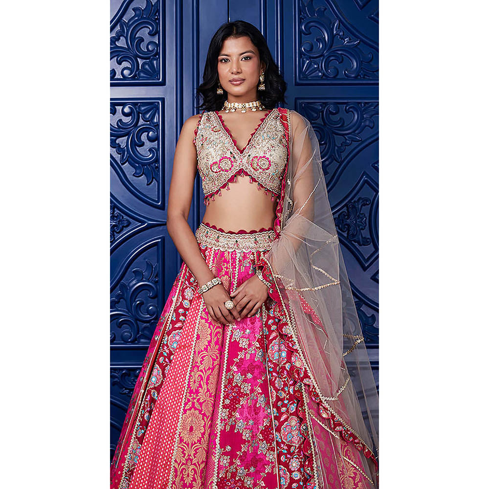 Basanti Kapde aur Koffee Pink Banarasi Embroidered Lehenga with Blouse and Dupatta