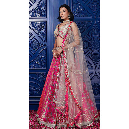 Basanti Kapde aur Koffee Pink Banarasi Embroidered Lehenga with Blouse and Dupatta
