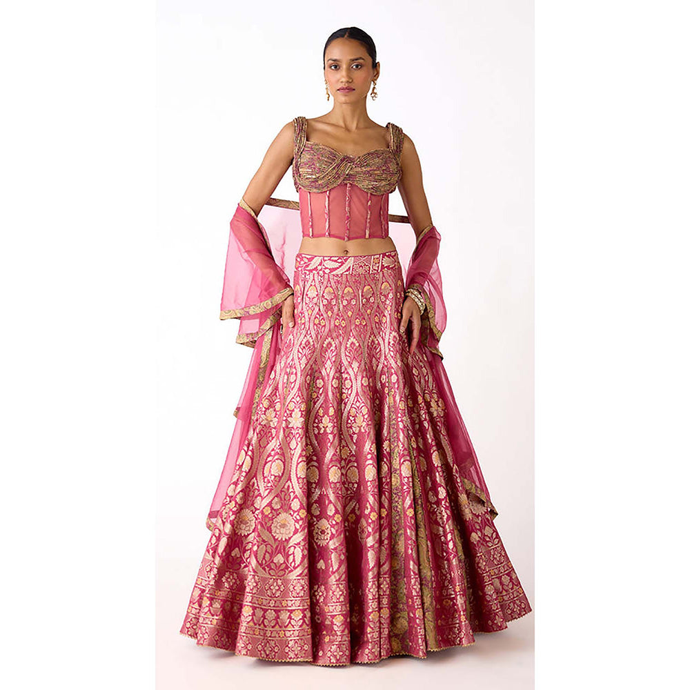 Basanti Kapde aur Koffee Pink Banarasi Embroidered Lehenga with Blouse and Dupatta