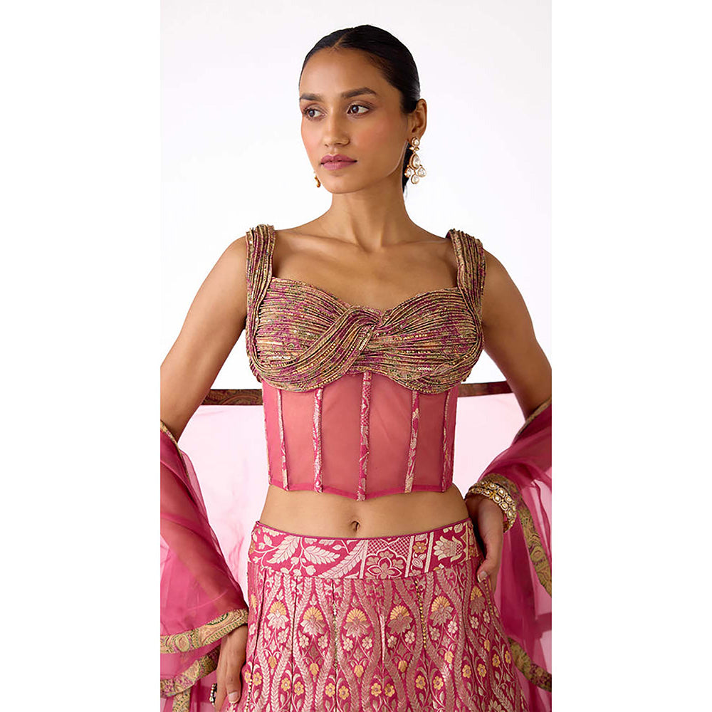 Basanti Kapde aur Koffee Pink Banarasi Embroidered Lehenga with Blouse and Dupatta