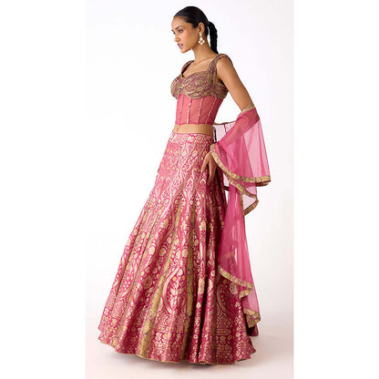 Basanti Kapde aur Koffee Pink Banarasi Embroidered Lehenga with Blouse and Dupatta
