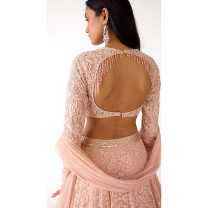 Basanti Kapde aur Koffee Peach Chantilly Net Embroidered Lehenga with Blouse and Dupatta