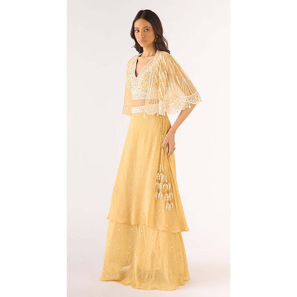 Basanti Kapde aur Koffee Gold Georgette Embroidered Lehenga with Blouse and Jacket