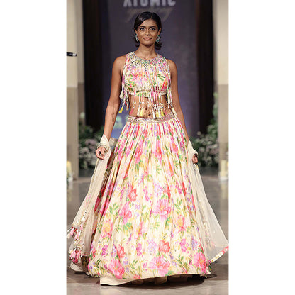 Basanti Kapde aur Koffee Ivory Chinon Embroidered Lehenga with Corset Blouse and Dupatta