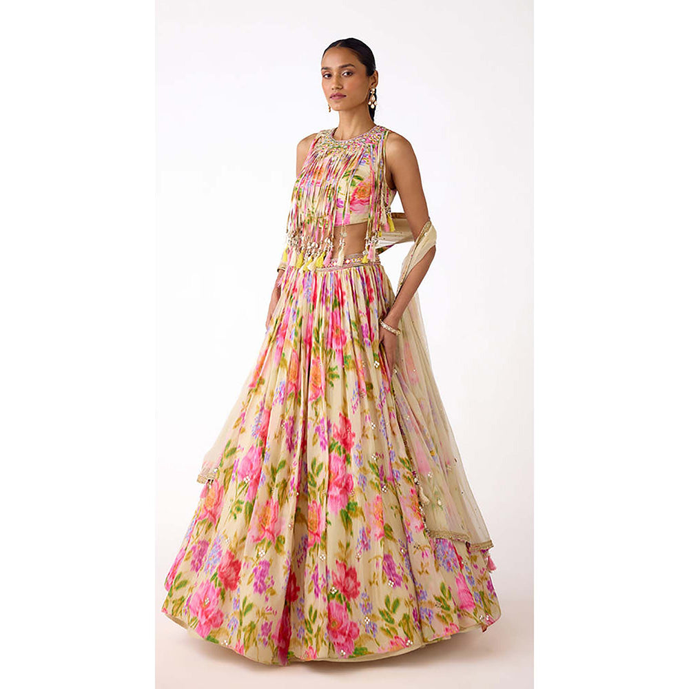 Basanti Kapde aur Koffee Ivory Chinon Embroidered Lehenga with Corset Blouse and Dupatta