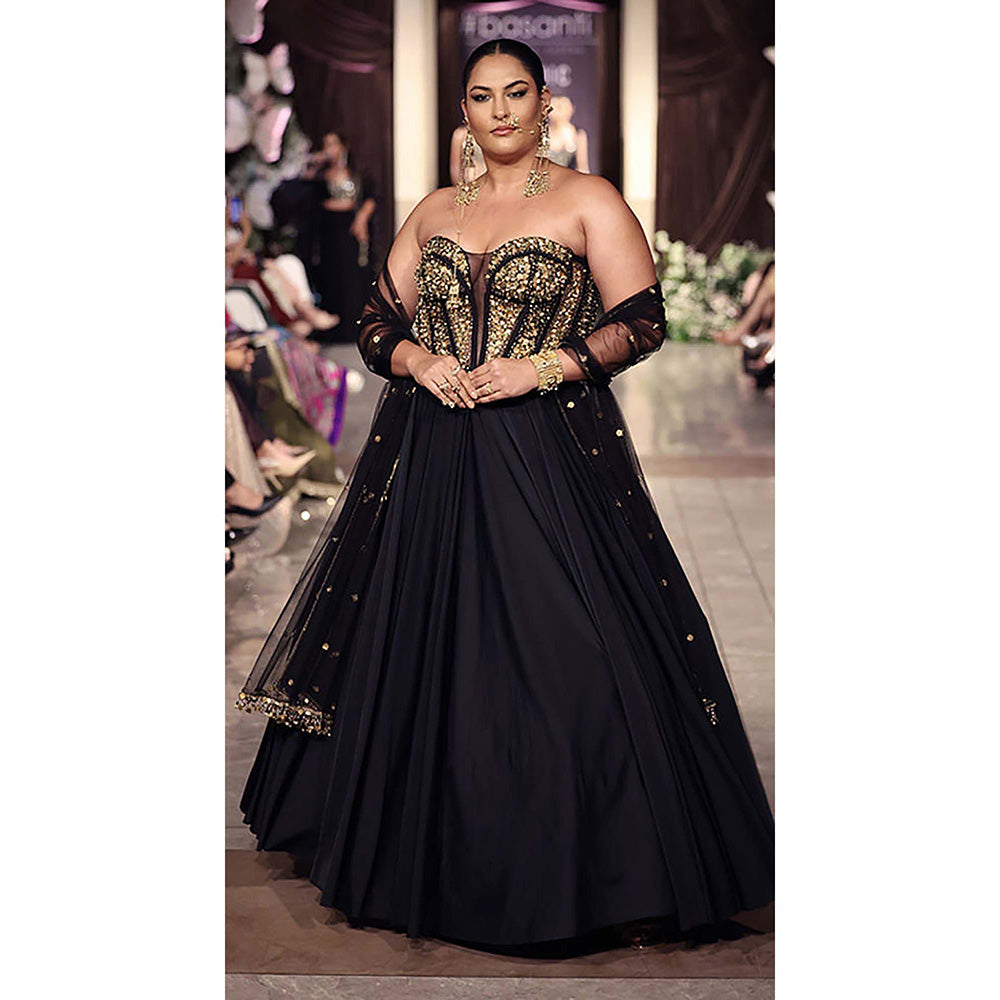 Basanti Kapde aur Koffee Black Viscose Lycra Embroidered Lehenga with Corset Blouse and Dupatta