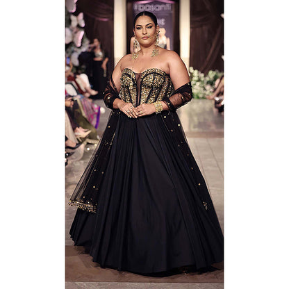 Basanti Kapde aur Koffee Black Viscose Lycra Embroidered Lehenga with Corset Blouse and Dupatta