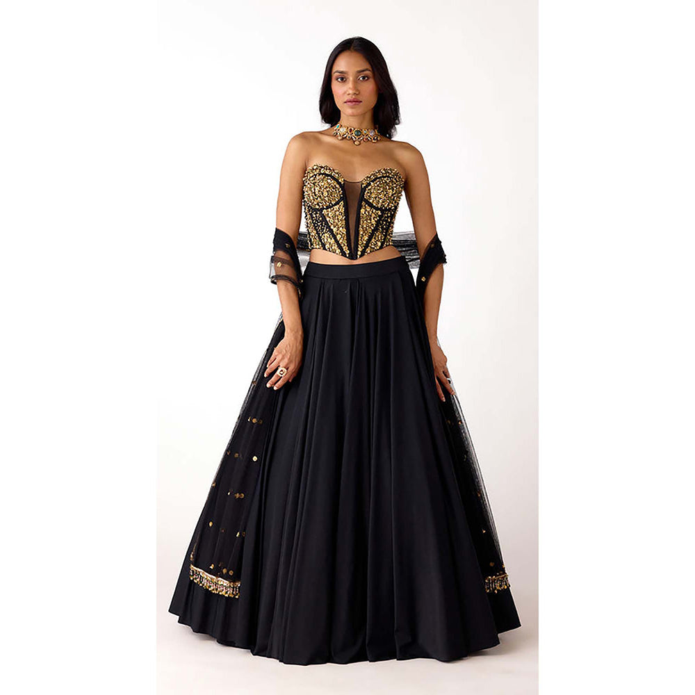 Basanti Kapde aur Koffee Black Viscose Lycra Embroidered Lehenga with Corset Blouse and Dupatta