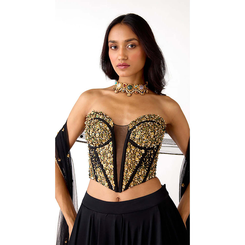 Basanti Kapde aur Koffee Black Viscose Lycra Embroidered Lehenga with Corset Blouse and Dupatta