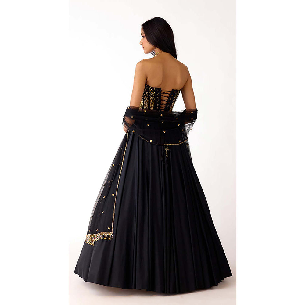 Basanti Kapde aur Koffee Black Viscose Lycra Embroidered Lehenga with Corset Blouse and Dupatta